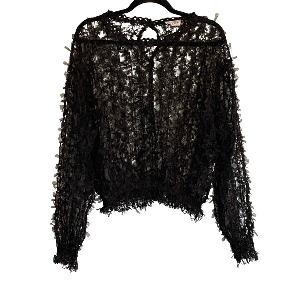 WoWo Black Lace Mesh 3D Ribbon Textured‎ Top Smocked Hem Keyhole Back 1X